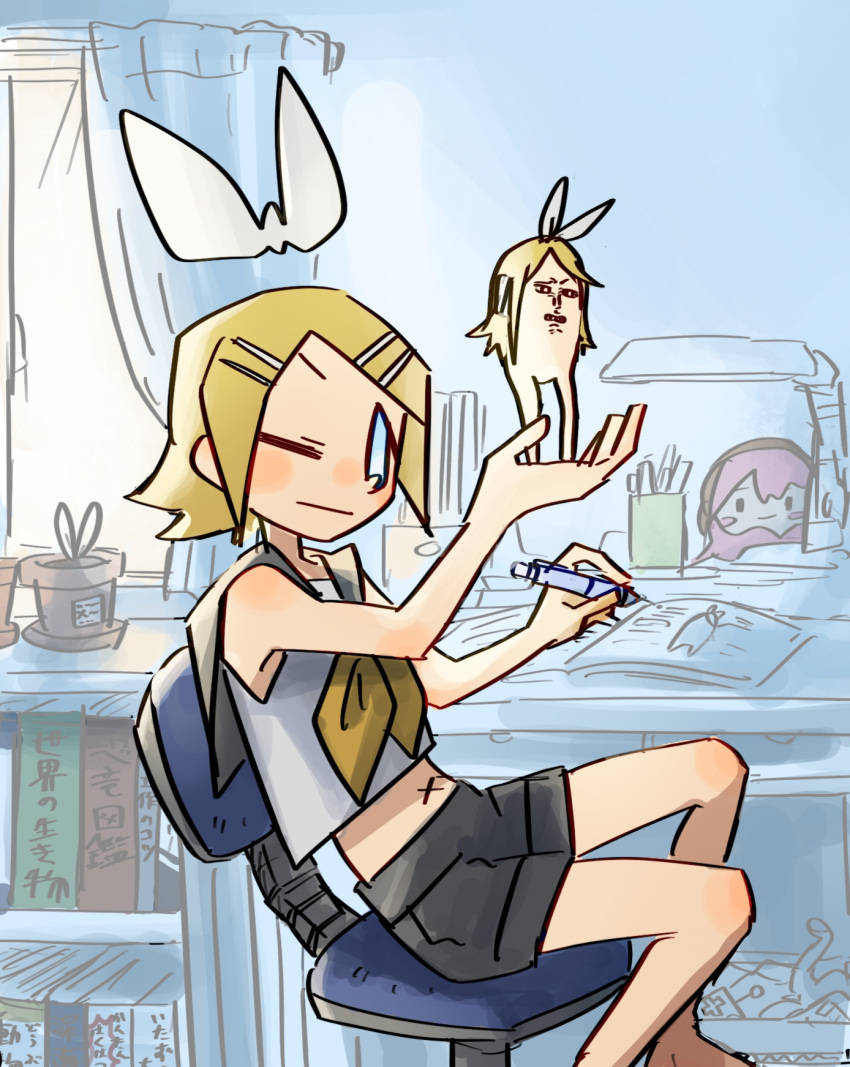 1girl :/ bedroom black_sailor_collar black_shorts blonde_hair blue_eyes blush book bookshelf bow chair character_doll closed_mouth cropped_shirt day desk desk_lamp drawing_(action) feet_out_of_frame figure hair_bow hair_ornament hairclip highres holding holding_pen indoors inspecting kagamine_rin lamp looking_at_object megurine_luka midriff nata_shelf neckerchief office_chair one_eye_closed open_book pen rin_no_youchuu sailor_collar shirt short_hair short_shorts shorts sitting sleeveless sleeveless_shirt solo swivel_chair takoluka translation_request v-shaped_eyebrows vocaloid white_bow white_shirt window x_navel yellow_neckerchief