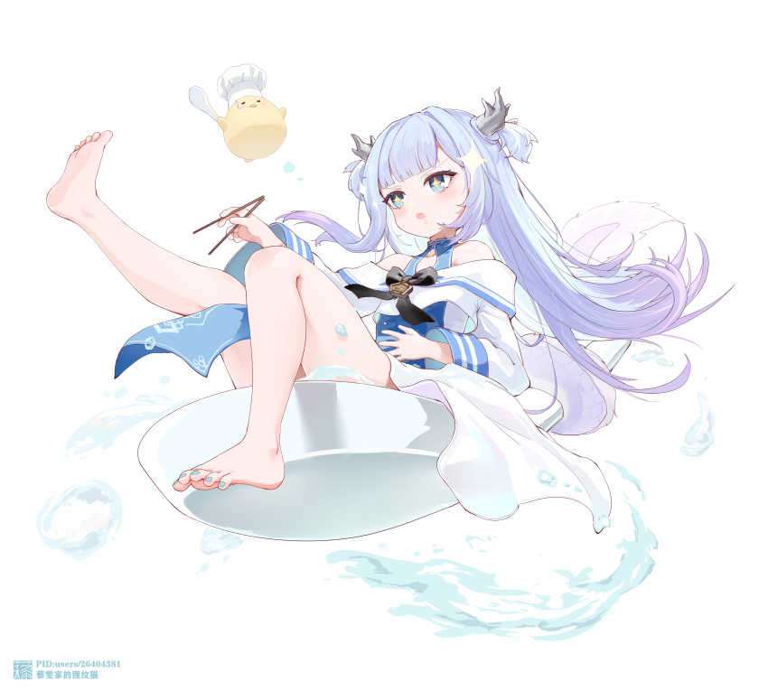 1girl absurdres artist_name azur_lane bare_shoulders barefoot bird blue_dress blue_hair blue_nails blunt_bangs chef_hat chick chinese_commentary chopsticks dragon_girl dragon_horns dragon_tail dress drooling gradient_hair hand_up hat highres holding holding_chopsticks horns huge_spoon liwendala long_hair long_sleeves lung_wu_(azur_lane) manjuu_(azur_lane) multicolored_hair open_mouth purple_hair simple_background sitting sparkle sparkling_eyes tail toes two-tone_dress water white_background white_dress