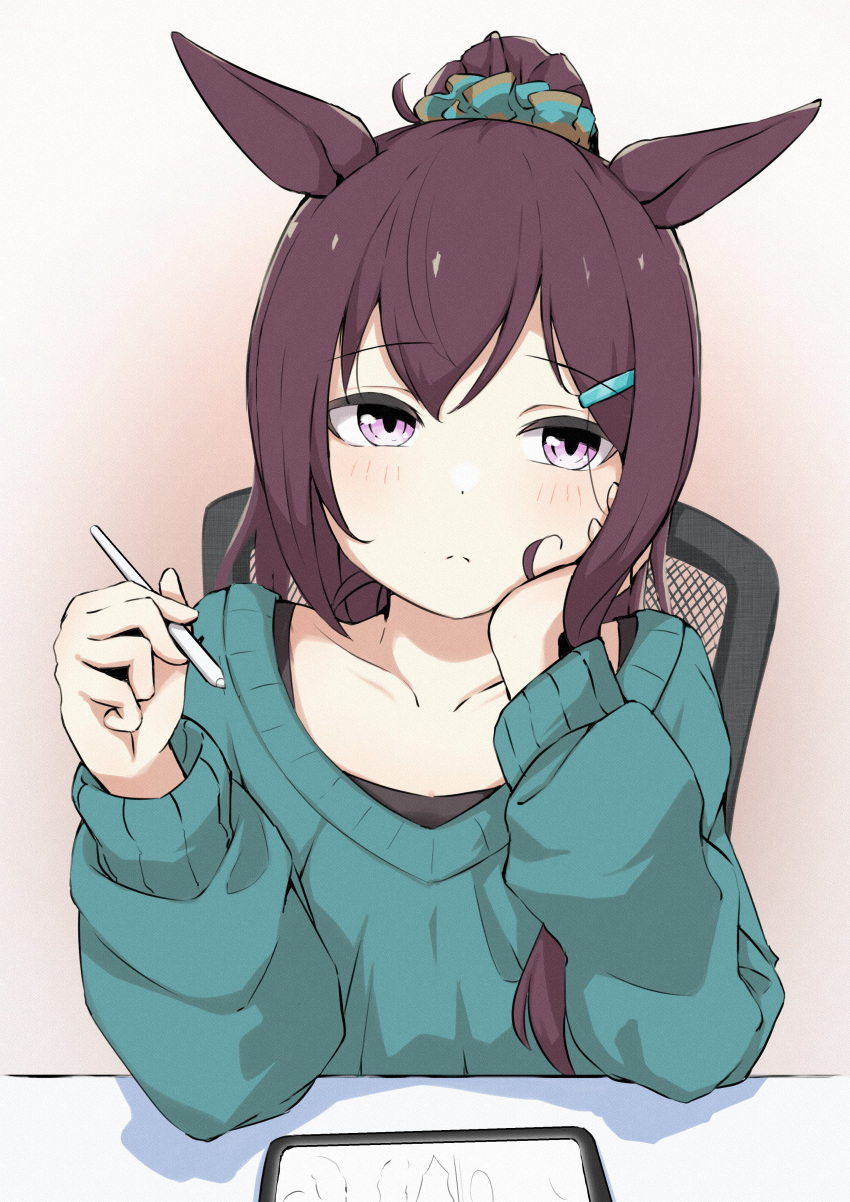 1girl absurdres alternate_costume alternate_hairstyle animal_ears brown_hair collarbone green_sweater hair_bun hair_ornament hairclip highres holding holding_stylus horse_ears horse_girl long_hair looking_to_the_side mejiro_dober_(umamusume) purple_eyes shijimi_(sijimi1917) sitting solo stylus sweater tablet_pc umamusume upper_body