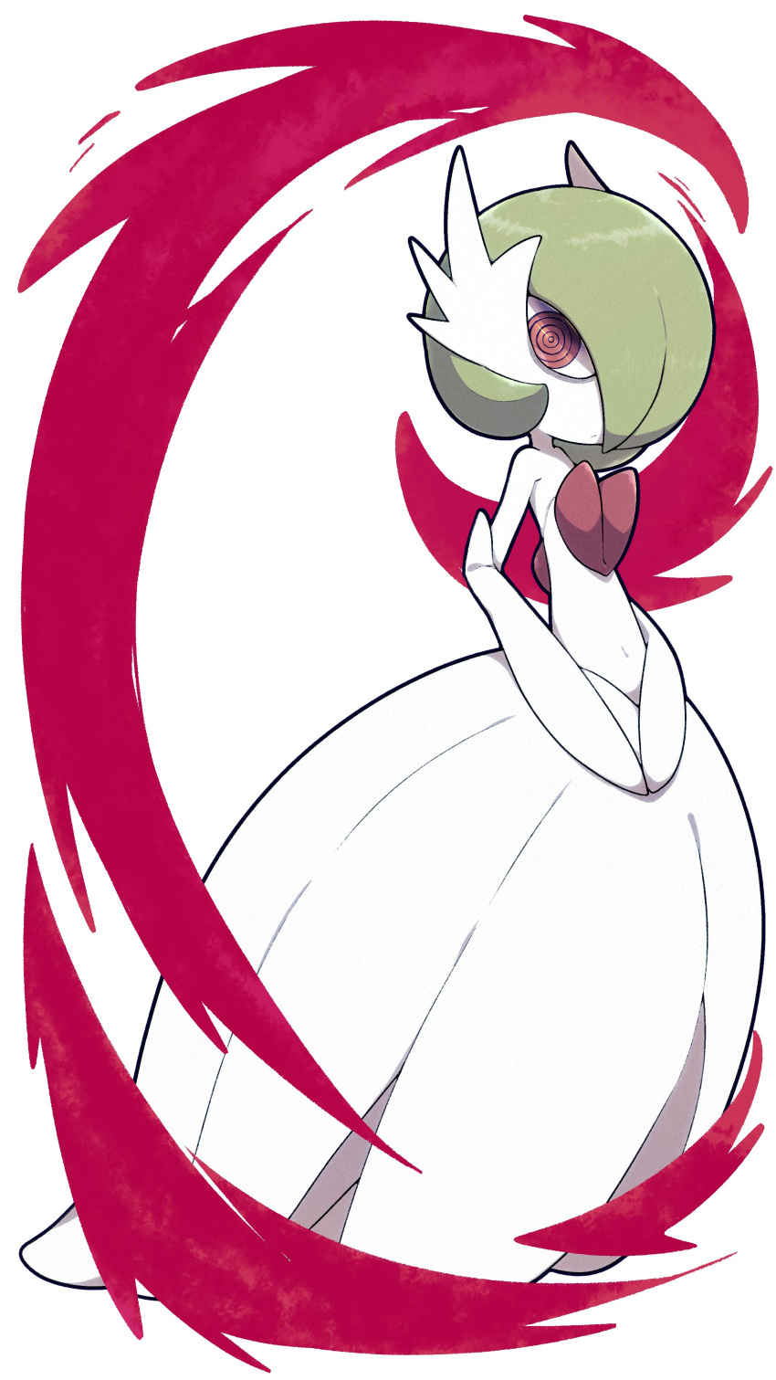 1other absurdres afuron colored_skin commentary_request gardevoir green_hair highres looking_at_viewer mega_gardevoir own_hands_together pokemon pokemon_(creature) red_eyes ringed_eyes solo standing white_background white_skin