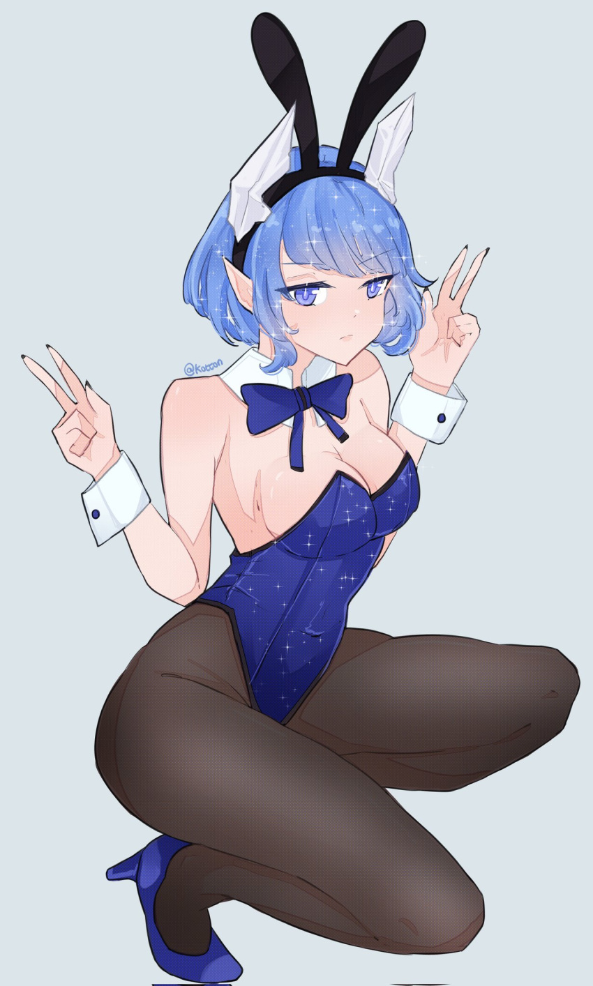 1girl animal_ears blue_bow blue_footwear blue_nails bow breasts detached_collar fake_animal_ears fire_emblem fire_emblem_heroes high_heels highres ice_horns medium_breasts nifl_(fire_emblem) playboy_bunny pointy_ears rabbit_ears serafineart1001 solo v