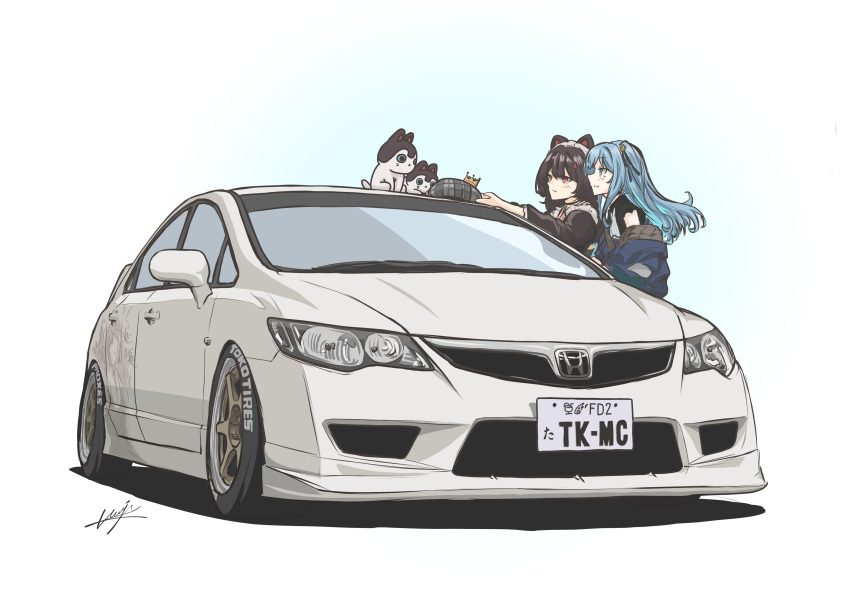 2girls absurdres animal_ears blue_hair blue_jacket brand_name_imitation brown_hair character_request check_character closed_mouth crown hat heterochromia highres hololive honda honda_civic honda_civic_type_r hoshimachi_suisei inui_toko jacket jacket_partially_removed license_plate looking_at_another maid_headdress mini_crown multiple_girls nijisanji one_side_up orange_eyes plaid_headwear red_eyes signature simple_background smile unworn_hat unworn_headwear vehicle_focus waju220 white_background