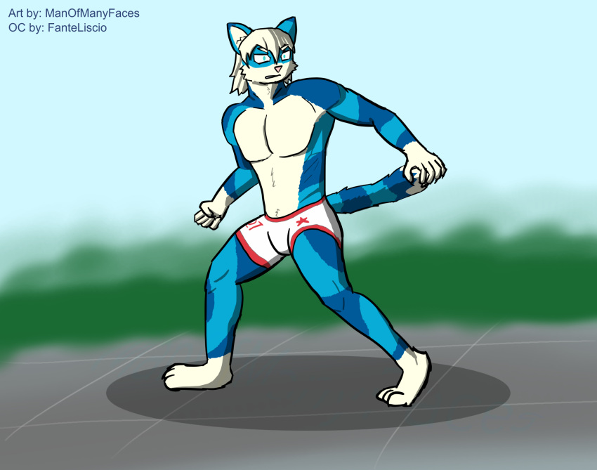 angry anthro clothed clothing day felid feline flanker_(fanteliscio) hi_res male mammal manofmanyfaces outside solo standing underwear underwear_only