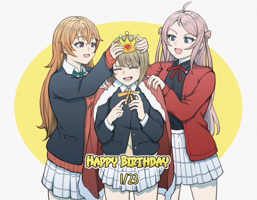 3girls ahoge black_jacket blue_eyes cape cardigan closed_eyes collared_shirt crown dressing_another green_ribbon grey_hair hair_between_eyes happy_birthday highres jacket konoe_kanata long_hair long_sleeves looking_at_another love_live! love_live!_nijigasaki_high_school_idol_club lower_teeth_only mayo_e multiple_girls nakasu_kasumi neck_ribbon nijigasaki_academy_school_uniform open_clothes open_jacket open_mouth orange_hair pink_hair plaid plaid_skirt pleated_skirt purple_eyes red_cape red_cardigan red_jacket red_ribbon ribbon school_uniform shirt short_hair sidelocks skirt teeth upper_body white_shirt white_skirt winter_uniform yellow_ribbon zhong_lanzhu