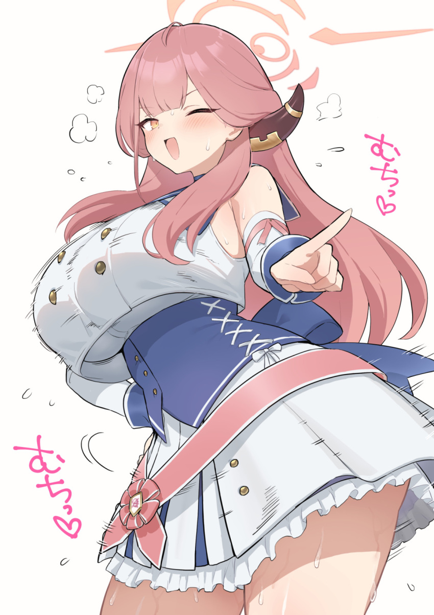 1girl aru_(blue_archive) blue_archive blush breasts brown_horns choujiroo cowboy_shot demon_horns detached_sleeves dress halo heart highres horns large_breasts long_hair looking_at_viewer mischievous_straight_uniform_(blue_archive) official_alternate_costume one_eye_closed open_mouth pink_hair pink_halo simple_background solo sweat thighs white_background white_dress white_sleeves yellow_eyes