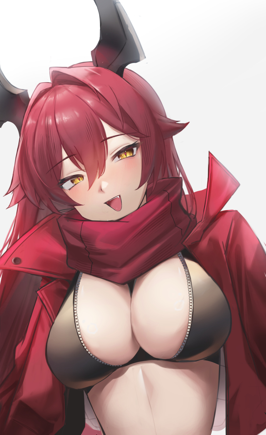1girl absurdres blush breasts cleavage commentary crop_top double-parted_bangs english_commentary fang goddess_of_victory:_nikke hair_between_eyes hair_intakes head_tilt highres horns jacket large_breasts long_hair looking_at_viewer maviss_03 mixed-language_commentary open_clothes open_jacket open_mouth red_hair red_hood_(nikke) red_jacket red_scarf scarf simple_background slit_pupils smile solo teeth unzipped upper_body upper_teeth_only white_background yellow_eyes