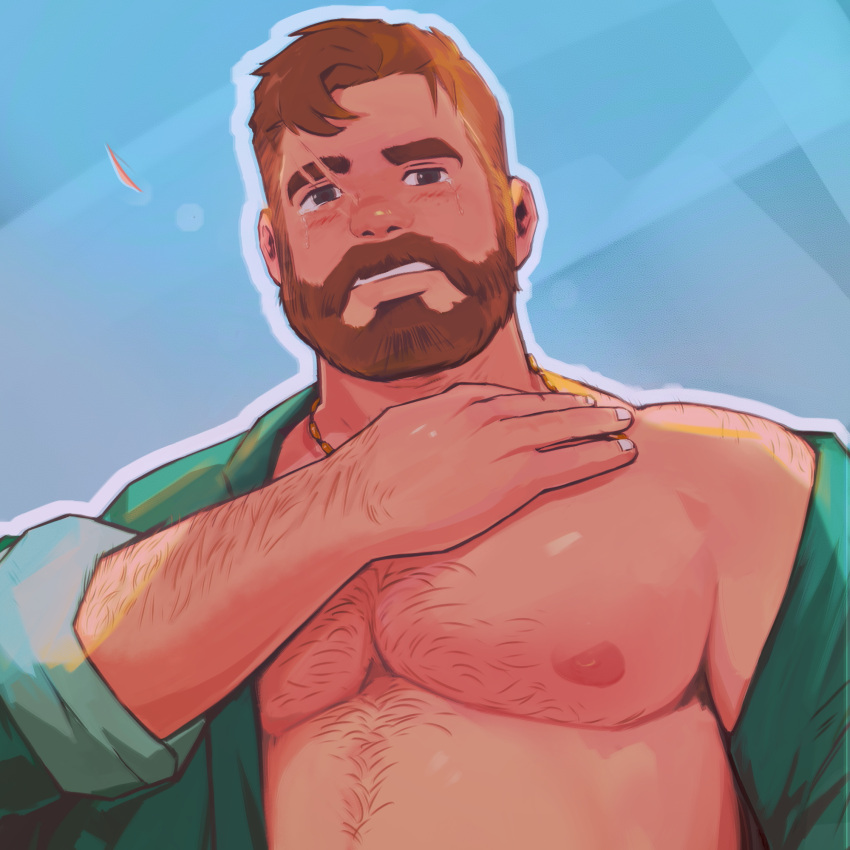 1boy arm_hair back_hair bara bare_pectorals beard belly brown_hair chest_hair chiris_110 coral_island eyebrow_cut facial_hair full_beard hairy highres large_pectorals looking_at_viewer male_focus mark_(coral_island) mature_male muscular muscular_male off_shoulder parted_lips pectorals plump short_hair smile solo sparse_chest_hair thick_beard upper_body