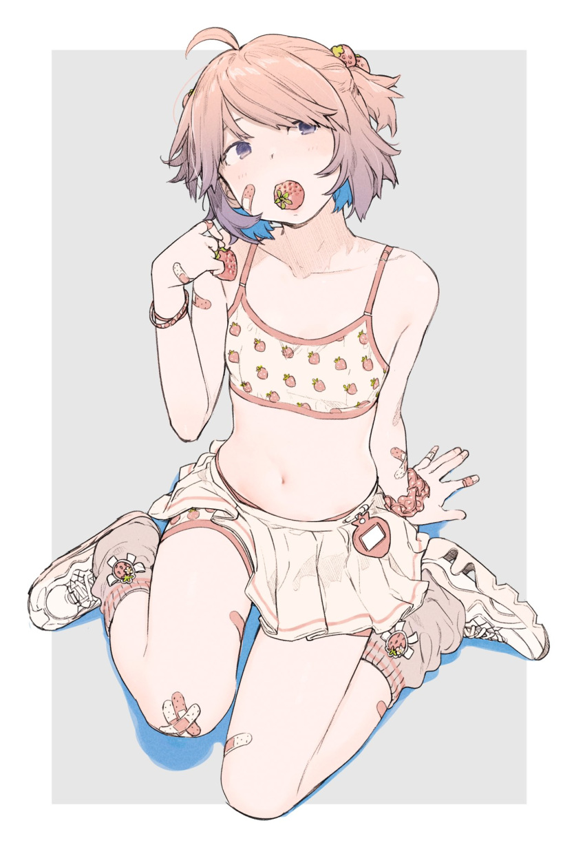 1girl ahoge arm_support bandaid bandaid_on_arm bandaid_on_cheek bandaid_on_face bandaid_on_hand bandaid_on_knee bandaid_on_leg bandaid_on_shoulder bandaid_on_thigh bare_shoulders border bra bracelet collarbone food food-themed_hair_ornament food_print from_above fruit full_body fuyuno_kamome hair_ornament hand_up head_tilt highres holding holding_food holding_fruit jewelry looking_up loose_socks miniskirt mouth_hold original outside_border parted_bangs pink_hair purple_eyes scrunchie short_hair shorts shorts_under_skirt simple_background sitting skirt socks solo strawberry strawberry_hair_ornament strawberry_print training_bra two_side_up underwear wariza white_border wrist_scrunchie