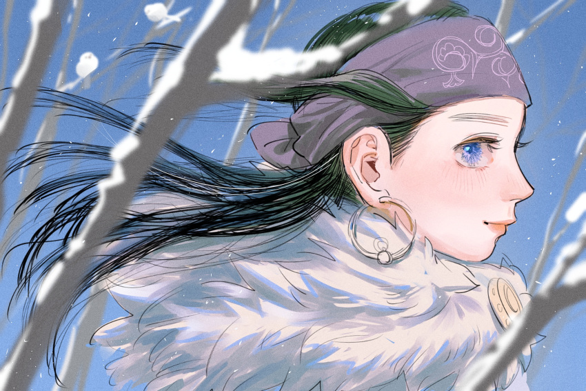 1girl ainu ainu_clothes asirpa bare_tree black_hair blue_eyes blush cloak closed_mouth day earrings floating_hair from_side fur_cloak golden_kamuy headband highres hoop_earrings jewelry long_hair long_sleeves looking_at_viewer nature outdoors portrait profile sideways_glance smile solo songyeerhu tree wind