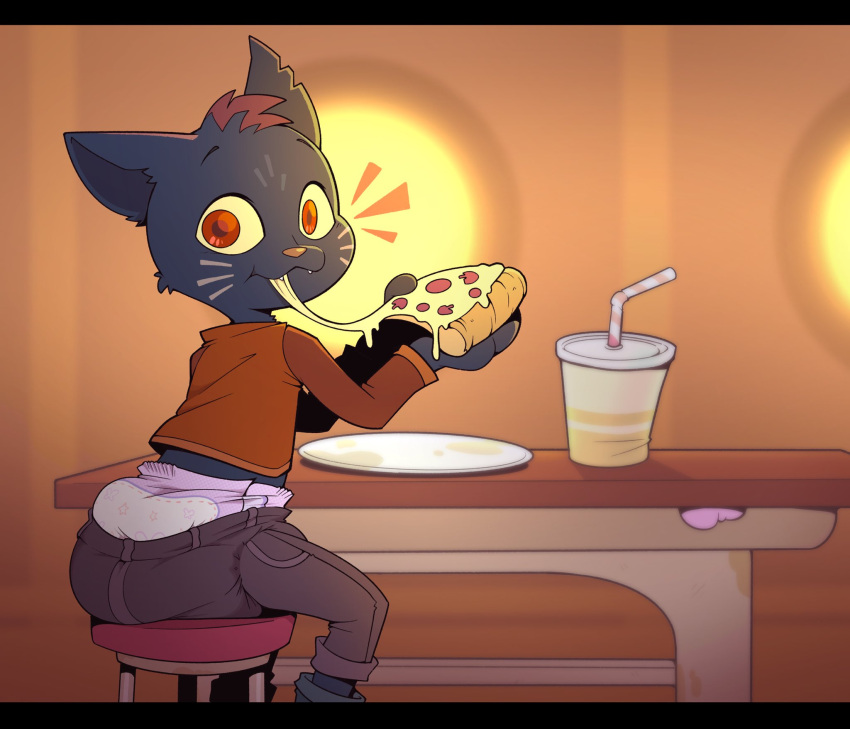 anthro beverage black_bars cheese clothing container cuddlehooves cup dairy_products diaper domestic_cat eating felid feline felis female food furniture gum_wad hi_res ho letterbox looking_at_viewer mae_borowski mammal night_in_the_woods pepperoni pepperoni_pizza pizza plate sitting solo stool surprise table twilight underwear window