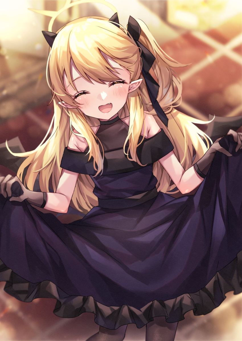 1girl absurdres black_dress black_gloves black_horns black_pantyhose black_wings blonde_hair blue_archive blush clothes_lift demon_horns demon_wings dress dress_lift facing_viewer fang feet_out_of_frame frilled_dress frills gloves halo highres horns ibuki_(blue_archive) ibuki_(dress)_(blue_archive) lifted_by_self long_hair official_alternate_costume open_mouth pantyhose pointy_ears short_sleeves side_ponytail smile solo sorashima_(117) wings yellow_halo