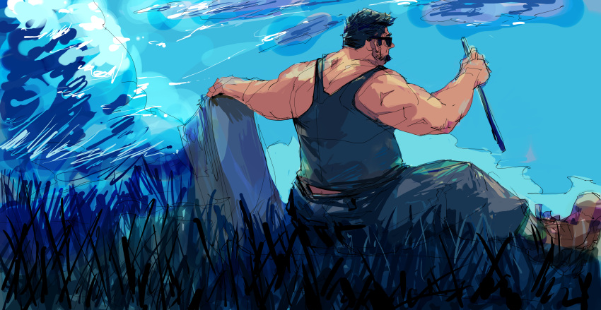 1boy absurdres bara black_hair black_tank_top blue_sky boots from_behind grass highres holding koto_(32456033) male_focus midriff_peek muscular muscular_male original outstretched_arms painterly pants rock short_hair sideburns sketch sky solo spread_arms sunglasses tank_top