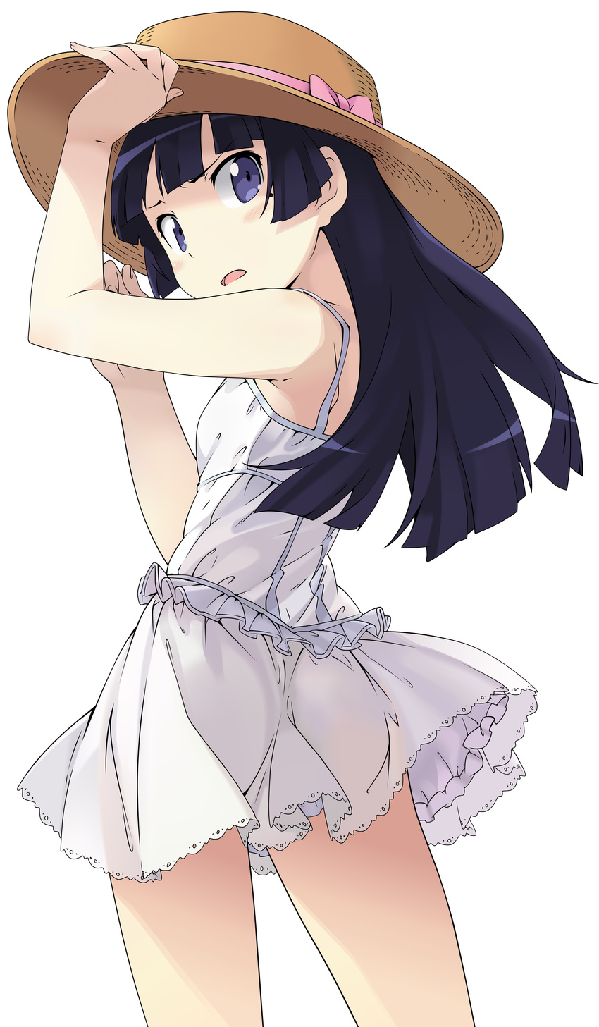 absurdres arms_up bangs blunt_bangs breasts dress from_behind gokou_ruri hat highres kanzaki_hiro long_hair looking_back mole mole_under_eye open_mouth ore_no_imouto_ga_konna_ni_kawaii_wake_ga_nai purple_eyes purple_hair see-through small_breasts solo sun_hat sundress transparent_background vector_trace white_dress