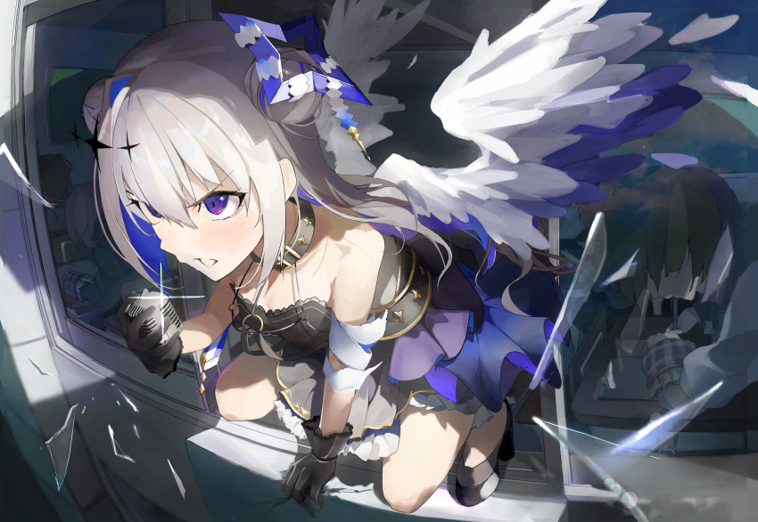 1girl absurdres akutonoeru amane_kanata angel_wings angry black_collar black_dress black_gloves blue_hair blue_halo blue_wings breasts broken_glass collar colored_inner_hair commentary_request double_bun dress feathered_wings glass gloves grey_hair hair_bun halo highres holding holding_microphone hololive long_hair looking_ahead microphone multicolored_hair purple_eyes single_hair_intake small_breasts solo star_halo virtual_youtuber white_wings wings