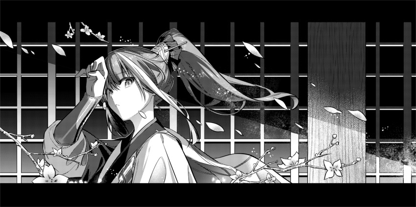 1boy absurdres archer_(fate/samurai_remnant) arm_guards branch chinese_clothes chinese_hairpin falling_petals fate/samurai_remnant fate_(series) flower greyscale hair_ornament hanfu high_ponytail highres long_hair looking_at_viewer monochrome multicolored_hair petals shouji sliding_doors solo streaked_hair tassel tassel_hair_ornament tsubaki_no_ai xiao_guan_(headdress)