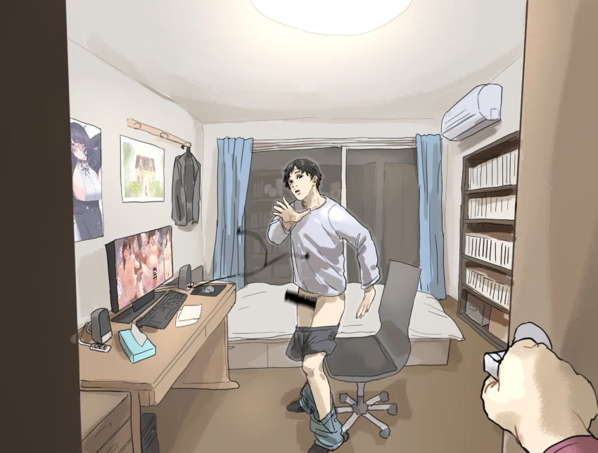 1boy 1girl bar_censor bed bedroom black_eyes black_hair bookshelf boxers caught censored chair clothes_rack commentary computer earbuds earphones english_commentary erection glass_door hand_up indoors jamiroquai keyboard_(computer) long_sleeves looking_at_viewer male_underwear mashima_jirou monitor motion_blur night office_chair open_mouth opening_door original pants_around_ankles parody partially_undressed pornography pose_imitation poster_(object) pov pov_hands reflection shirt short_hair sliding_doors smile standing swivel_chair tissue_box underwear virtual_insanity_(song) walk-in white_shirt wide_shot