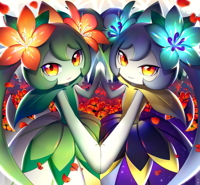 2girls blue_flower daimonkisora falling_petals flower green_hair hair_flower hair_ornament hibiscus long_hair looking_at_viewer lyleen lyleen_noct monster_girl multiple_girls orange_eyes pal_(creature) palworld petals plant_girl purple_hair red_flower red_petals twintails