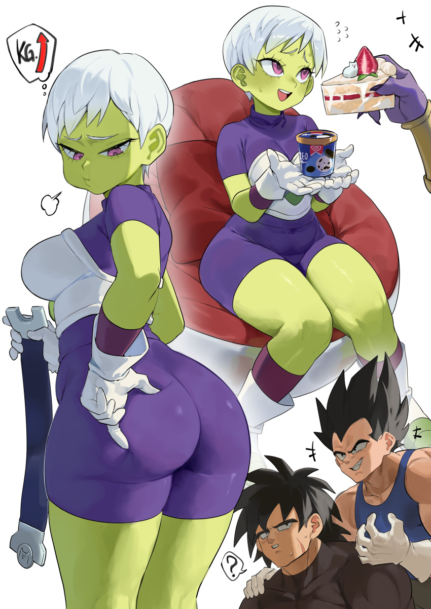 1girl 2boys :d absurdres ass ass_focus ass_grab black_hair blue_tank_top bodysuit breasts broly_(dragon_ball_super) cake chair cheelai colored_skin commentary dragon_ball dragon_ball_super dragon_ball_super_broly english_commentary eyelashes feeding food gloves grabbing_own_ass green_skin grin highres holding_belt ice_cream looking_at_another looking_down multiple_boys multiple_views nia_(nia4294) open_mouth pout puff_of_air purple_bodysuit purple_eyes short_hair simple_background sitting skin_tight smile strawberry_shortcake tank_top thighs vegeta weight_conscious weight_gain white_background white_gloves white_hair