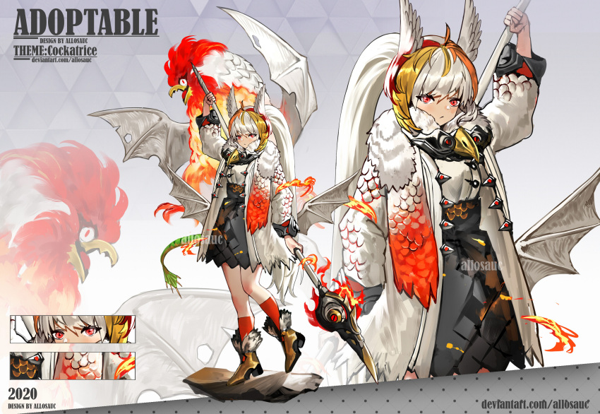 1girl 2020 adoptable ahoge allosauc animal_ears animal_scarf artist_name bird_ears black_skirt blonde_hair boots brown_footwear close-up closed_mouth coat cockatrice commentary cowboy_shot deviantart_username english_commentary fire frown full_body fur-trimmed_boots fur_trim gradient_background grey_background high-waist_skirt highres holding holding_behind_back holding_staff kneehighs light_blush long_hair long_sleeves looking_at_viewer miniskirt multicolored_hair multiple_views open_clothes open_coat orange_hair original ponytail projected_inset pyrokinesis red_eyes red_hair red_socks reference_sheet scales scarf shirt simple_background skirt socks staff streaked_hair triangle_background very_long_hair weapon_behind_back white_coat white_hair white_scarf white_shirt white_sleeves