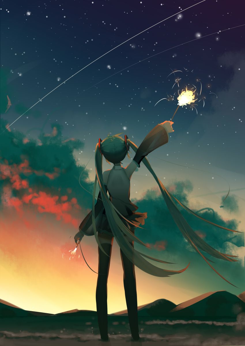 1girl absurdres aqua_hair arm_up black_skirt black_thighhighs cloud detached_sleeves facing_away fireworks full_body grey_shirt hatsune_miku highres holding_fireworks ichigo_mayonnaise long_hair mountainous_horizon outdoors shirt shooting_star skirt sky sleeveless sleeveless_shirt solo sparkler standing star_(sky) starry_sky sunset thighhighs twintails vocaloid zettai_ryouiki