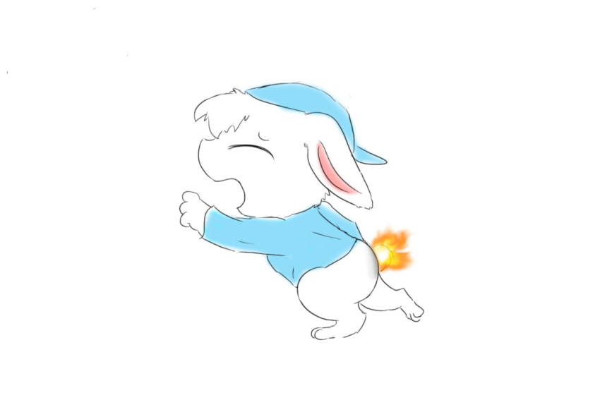 anthro backwards_cap blue_clothing burning butt_on_fire clothing eyes_closed fifybear fire fur lagomorph leporid male mammal pain rabbit shirt solo topwear white_body white_fur