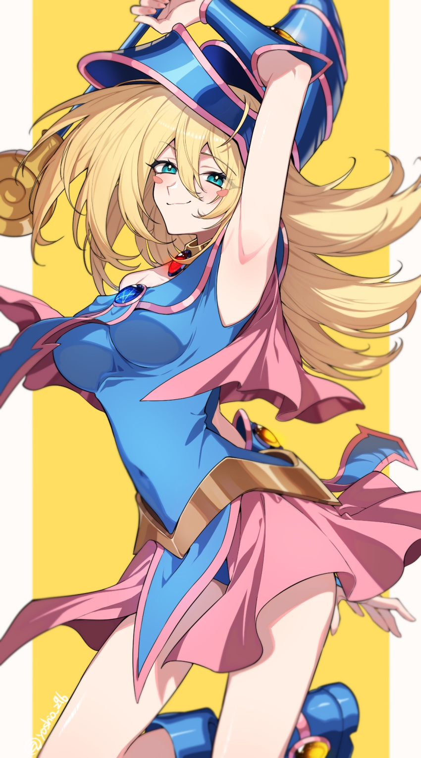 1girl bare_shoulders blonde_hair blue_footwear blue_headwear blush blush_stickers boots breasts choker cleavage dark_magician_girl duel_monster green_eyes hair_between_eyes hat hexagram highres holding holding_wand large_breasts long_hair looking_at_viewer pentacle pentagram smile solo staff wand wizard_hat yoshio_296 yu-gi-oh!