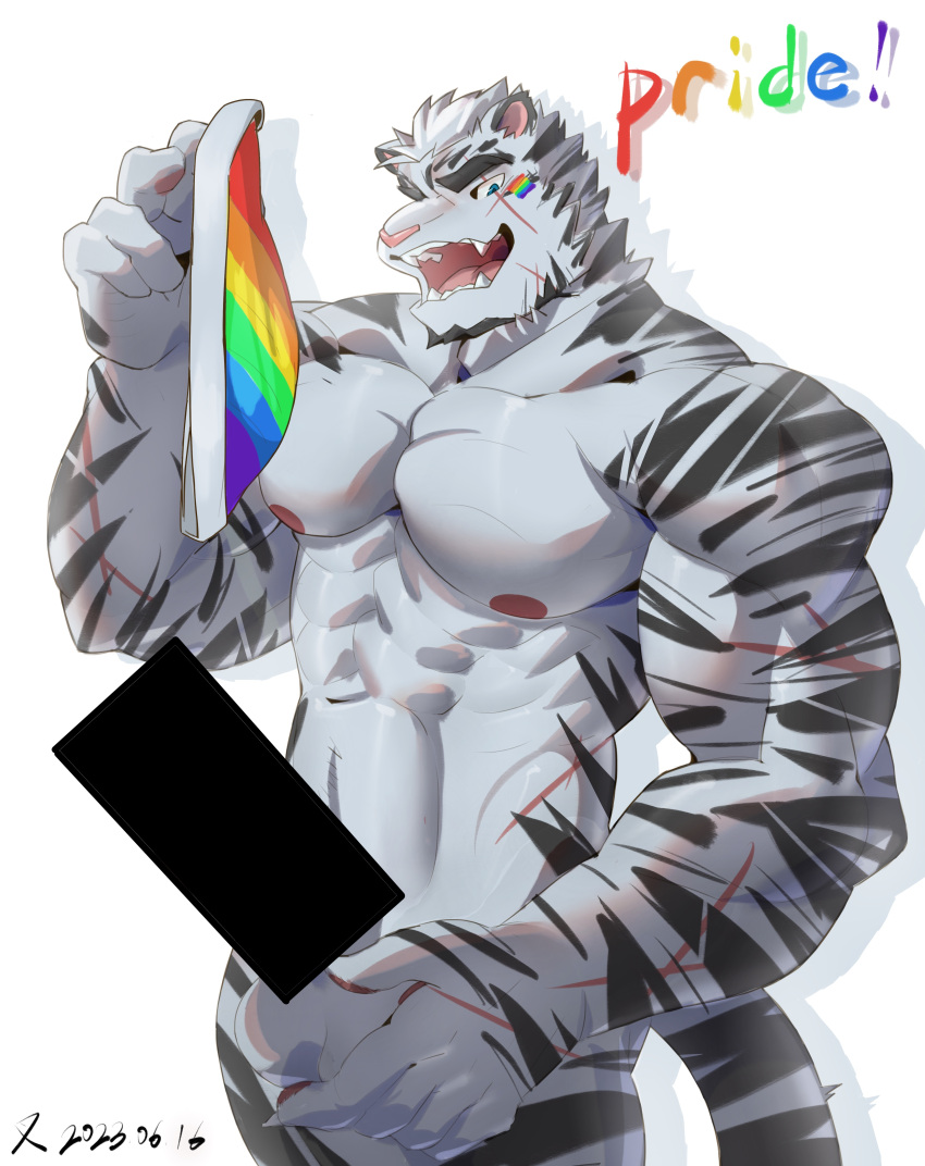 1boy :d abs absurdres animal_ears arknights bar_censor bara censored cha_shao_bao_du completely_nude cowboy_shot facial_hair facial_mark flag furry furry_male goatee highres holding holding_flag huge_eyebrows large_hands large_pectorals lgbt_pride looking_at_viewer looking_to_the_side male_focus mini_flag mountain_(arknights) muscular muscular_male navel nipples nude pectorals penis pride_month rainbow_flag rainbow_flag_print scar scar_across_eye scar_on_arm short_hair smile solo stomach tiger_boy tiger_ears white_hair