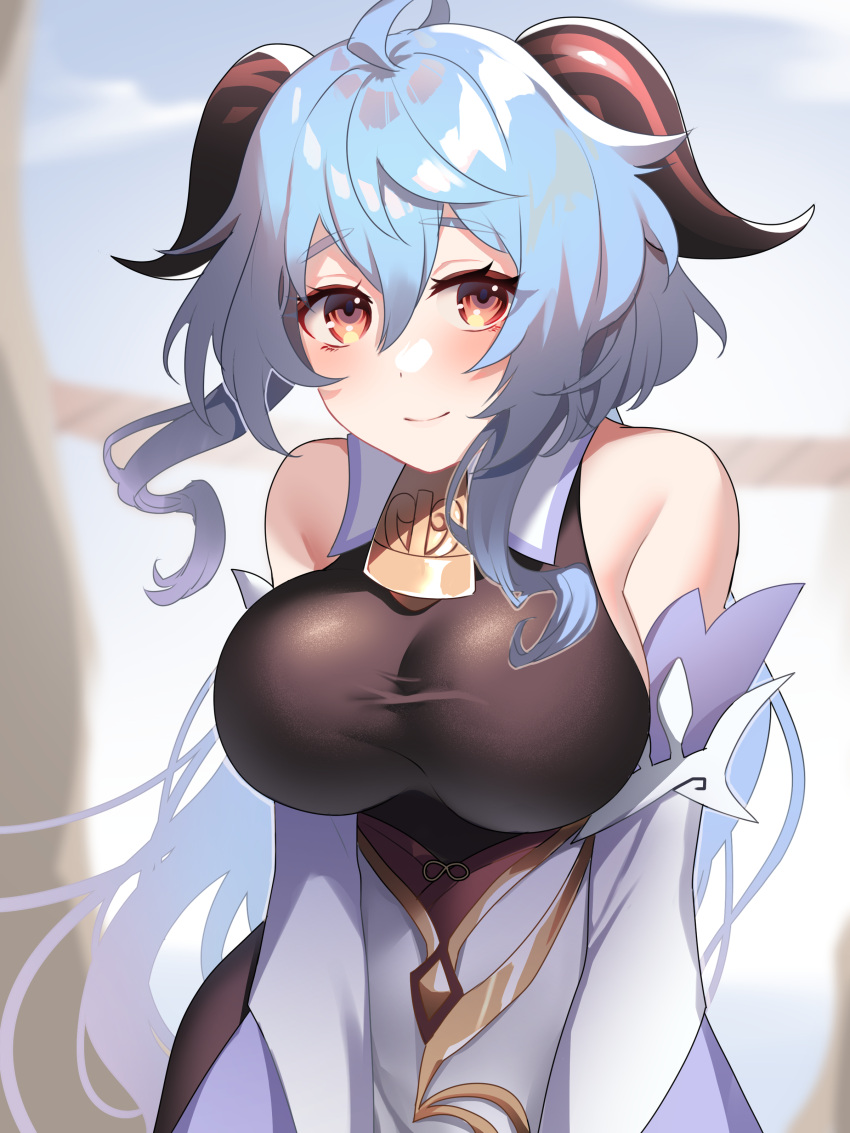 1girl absurdres aburai_yui ahoge blue_hair bodystocking breasts commentary_request ganyu_(genshin_impact) genshin_impact high-waist_skirt highres horns large_breasts long_hair looking_at_viewer orange_eyes skirt solo white_skirt