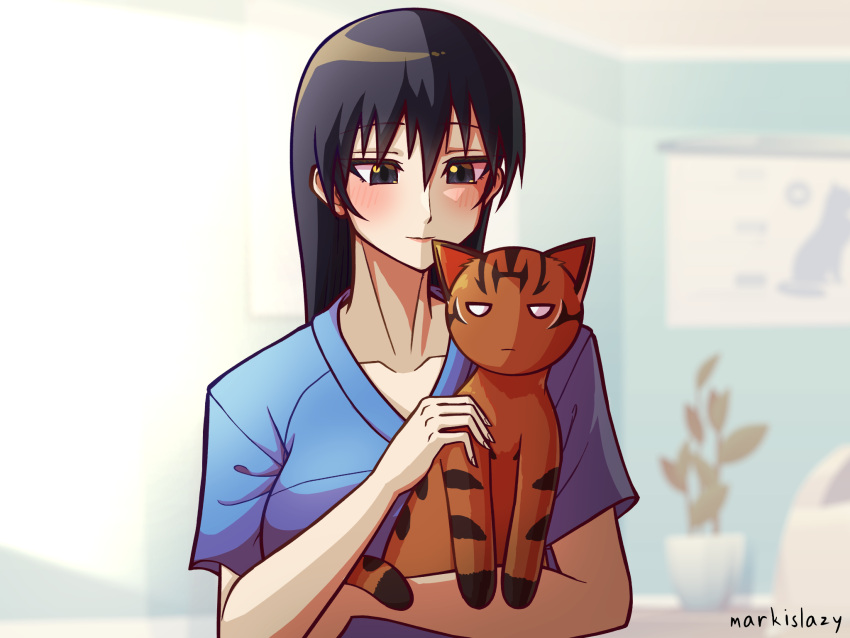 1girl animal azumanga_daioh black_eyes black_hair blue_shirt cat closed_mouth highres indoors light_blush light_smile long_hair markislazy orange_cat plant potted_plant sakaki_(azumanga_daioh) shirt solo