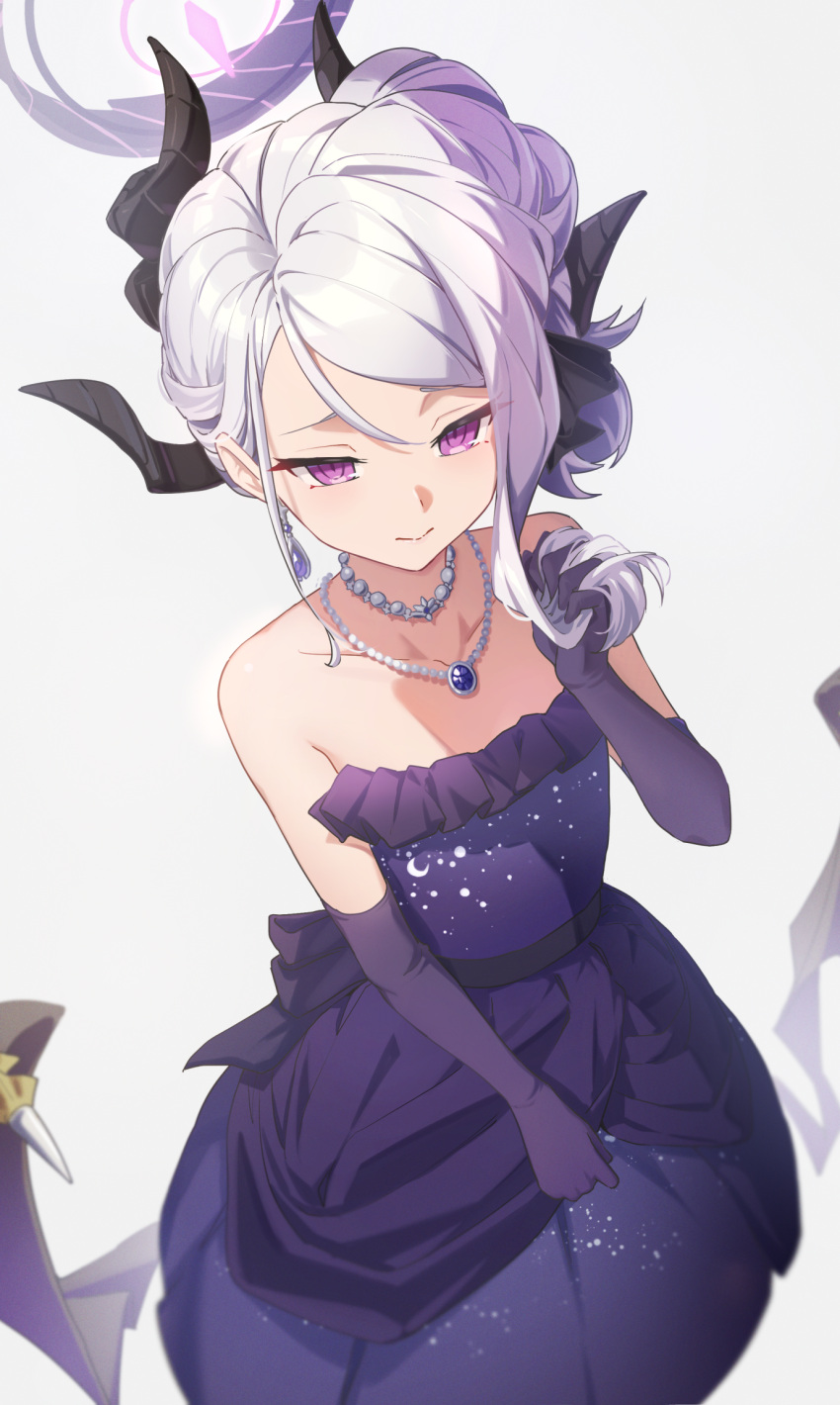 1girl black_horns blue_archive closed_mouth collarbone demon_horns demon_wings dress elbow_gloves gloves grey_hair halo highres hina_(blue_archive) hina_(dress)_(blue_archive) horns jewelry long_hair multiple_horns necklace official_alternate_costume official_alternate_hairstyle pendant purple_dress purple_eyes purple_gloves purple_wings reulem sleeveless sleeveless_dress solo wings