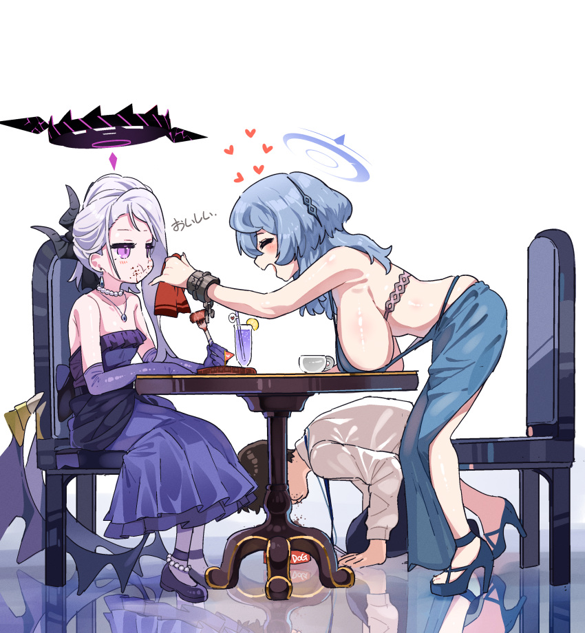 1boy 2girls absurdres ako_(blue_archive) ako_(dress)_(blue_archive) backless_dress backless_outfit black_hair black_hairband black_horns blue_archive blue_dress blue_footwear blue_hair blue_halo blush breasts chair closed_eyes collarbone cup demon_horns demon_wings dress drink elbow_gloves food food_on_face fork gloves grey_hair hairband halo heart high_heels highres hina_(blue_archive) hina_(dress)_(blue_archive) holding holding_fork horns je_o_mo jewelry large_breasts long_hair long_sleeves multiple_girls multiple_horns necklace official_alternate_costume official_alternate_hairstyle open_mouth pendant purple_dress purple_eyes purple_footwear purple_gloves purple_wings shirt short_hair sleeveless sleeveless_dress small_breasts smile steak strapless strapless_dress table white_shirt wings