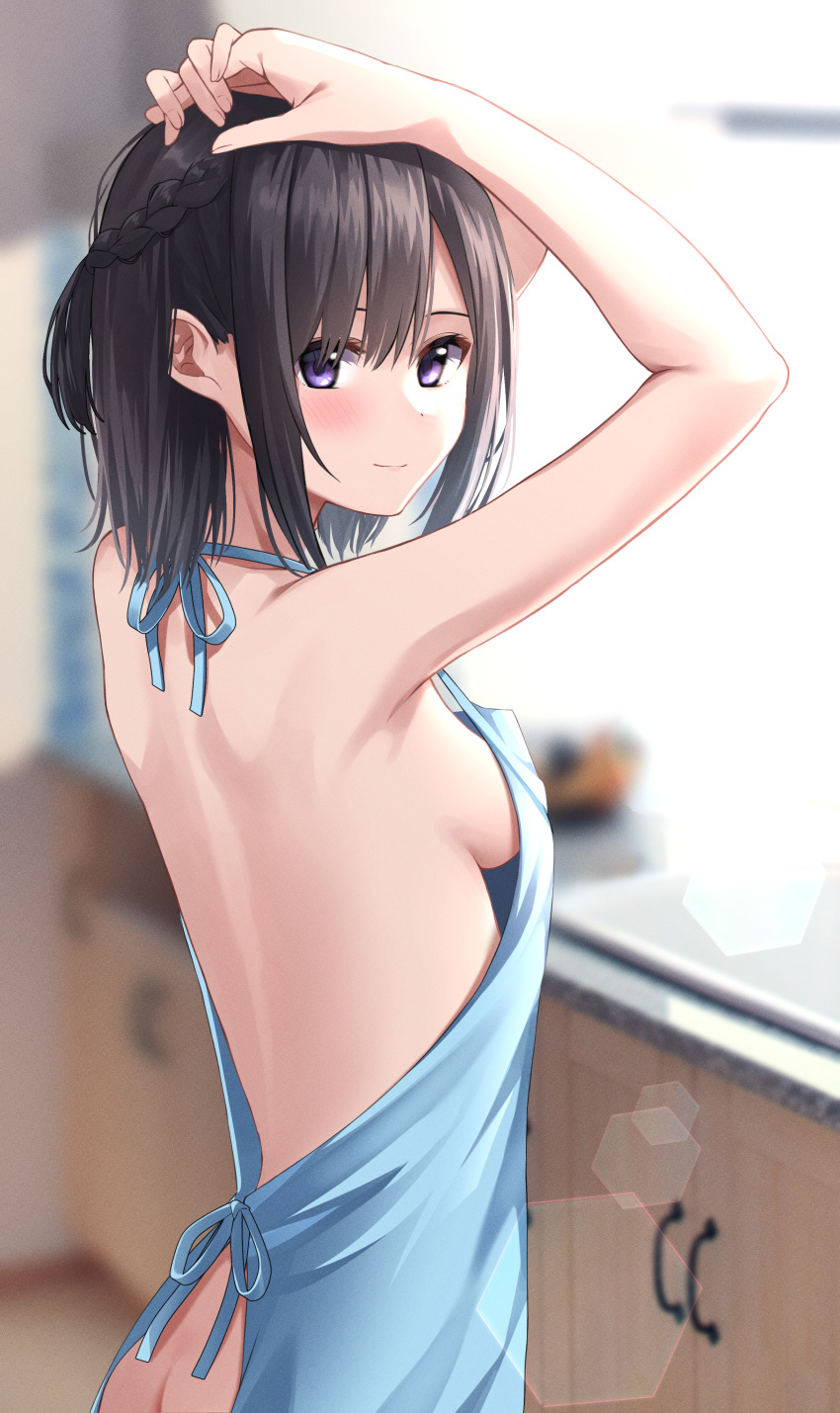 1girl absurdres apron arms_up ass blue_apron blush braid breasts closed_mouth commentary_request french_braid from_behind highres indoors kiona_(giraffe_kiona) kitchen looking_at_viewer looking_back naked_apron original purple_eyes sideboob small_breasts smile solo