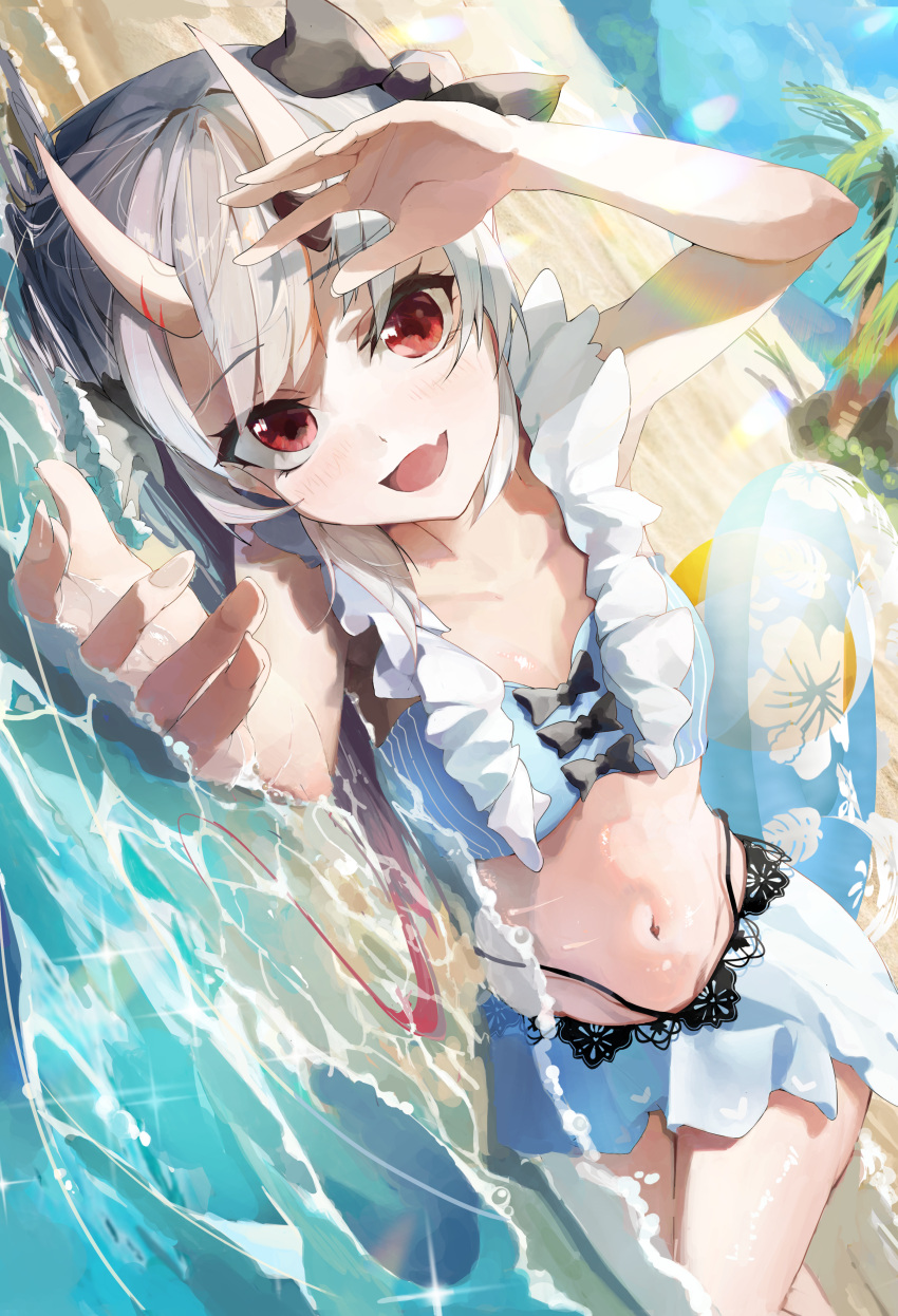 1girl absurdres akutonoeru beach bikini bikini_skirt black_bow blue_bikini blue_sky bow breasts colored_inner_hair commentary_request fang grey_hair hair_bow highres hololive horns long_hair looking_at_viewer lying multicolored_hair nakiri_ayame navel ocean on_side open_mouth palm_tree reaching reaching_towards_viewer red_eyes skin-covered_horns skin_fang sky small_breasts smile solo swimsuit tree virtual_youtuber
