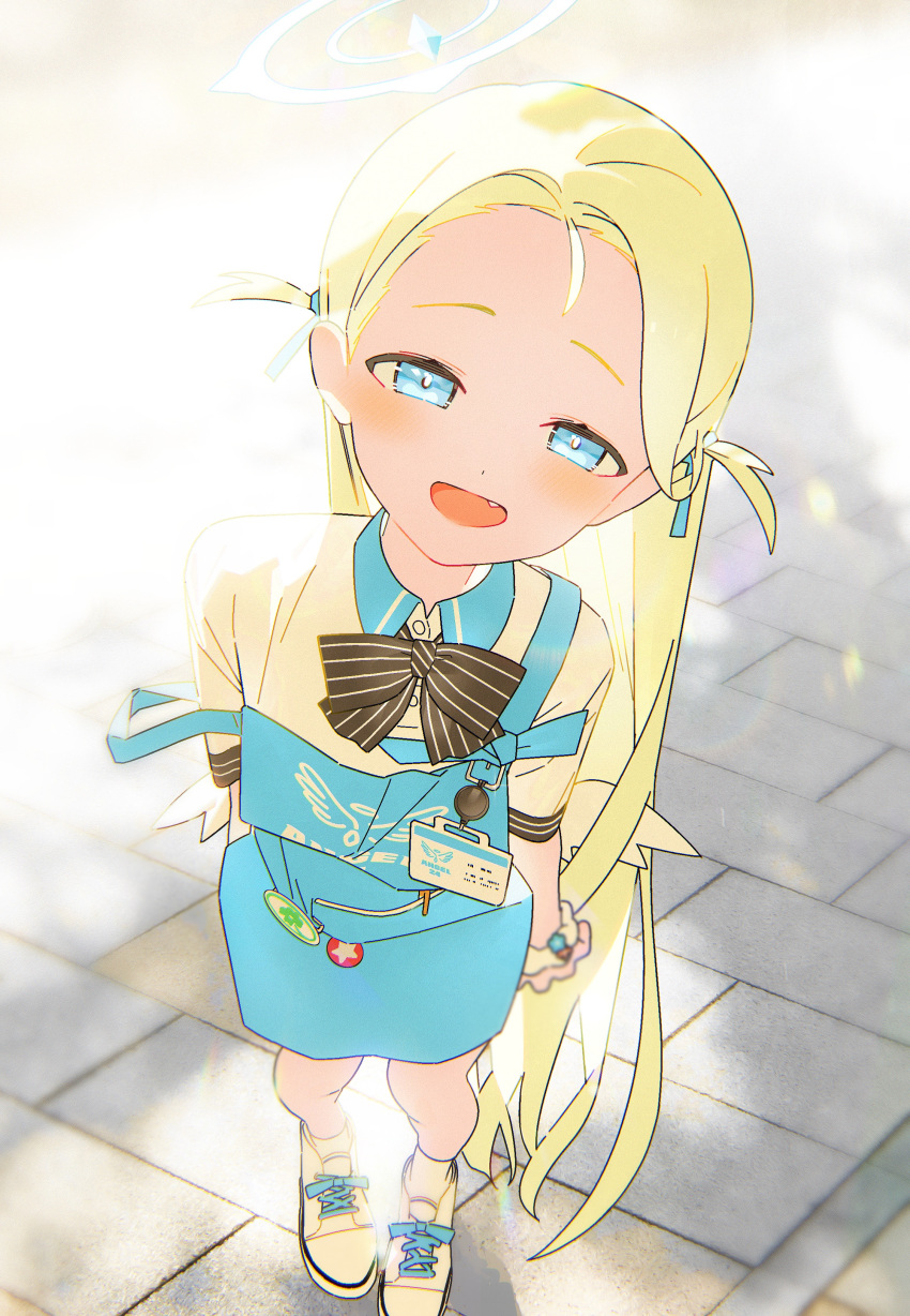 1girl :d absurdres angel's_24_uniform_(blue_archive) apron blonde_hair blue_apron blue_archive blue_eyes bm_tol bow bowtie fang forehead half-closed_eyes halo highres long_hair looking_at_viewer low_wings scrunchie shoes smile sneakers solo sora_(blue_archive) straight_hair striped_bow striped_bowtie striped_clothes very_long_hair white_halo white_wings wings wrist_scrunchie