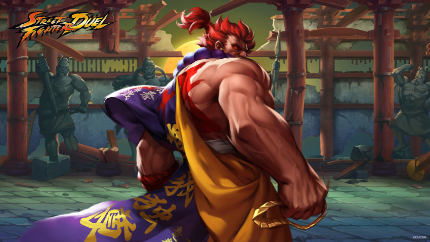 abandoned akuma_(street_fighter) bead_necklace beads column floor_tiles highres japanese_clothes jewelry moon muscular muscular_male necklace night night_sky official_art pillar red_eyes red_hair sky standing statue street_fighter street_fighter:_duel temple