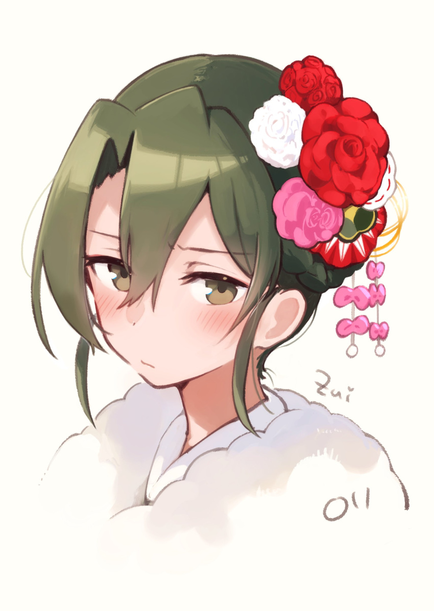 1girl absurdres blush closed_mouth cropped_shoulders flower fur_collar green_eyes green_hair hair_between_eyes hair_flower hair_ornament hair_up highres japanese_clothes kantai_collection looking_at_viewer ma_rukan pink_flower portrait red_flower signature simple_background solo white_flower zuikaku_(kancolle)