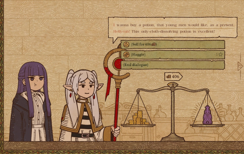 ! 2girls angry belt belt_buckle buckle coin dialogue_options earrings elf english_commentary english_text fern_(sousou_no_frieren) frieren gold_coin grey_hair holding holding_staff jewelry long_hair long_sleeves multiple_girls orgoglioso_banane pointy_ears potion potion_craft:alchemy_simulator pout purple_eyes purple_hair smile sousou_no_frieren speech_bubble staff star_(symbol) twintails weighing_scale