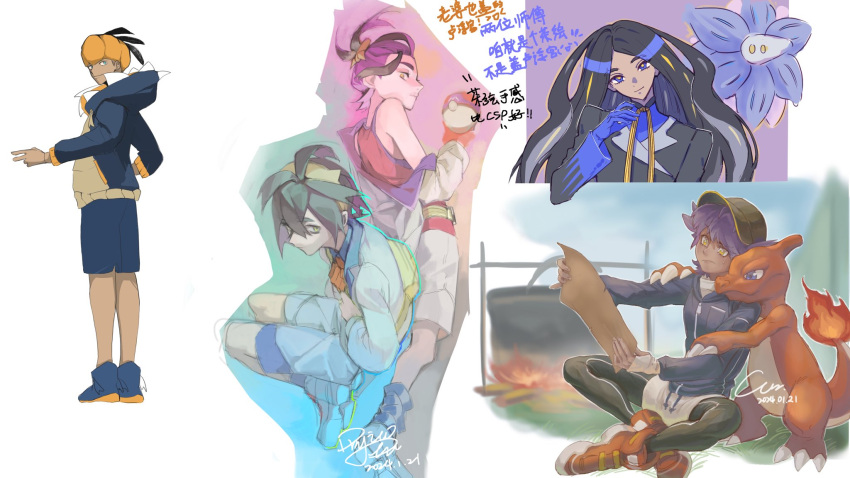 1girl 3boys black_hair black_hoodie blue_gloves blue_shirt charmeleon commentary_request coo2co2 dark-skinned_male dark_skin dated geeta_(pokemon) glimmora gloves hairband hand_up headband highres holding holding_poke_ball hood hood_down hoodie jacket kieran_(pokemon) leggings leon_(pokemon) long_hair master_ball multiple_boys neck_ribbon orange_headband poke_ball pokemon pokemon_(creature) pokemon_sv pokemon_swsh purple_hair raihan_(pokemon) reading red_shirt ribbon shirt shoes short_hair shorts signature sitting sleeveless sleeveless_shirt socks standing tank_top translation_request yellow_hairband