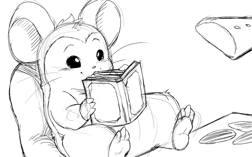 16:10 anthro book cricetid digital_media_(artwork) fur furniture hair hamster hamtaro_(series) male mammal maxwell_(hamtaro) monochrome reading reading_book rodent simple_background sitting sketch smile solo white_background widescreen winick-lim