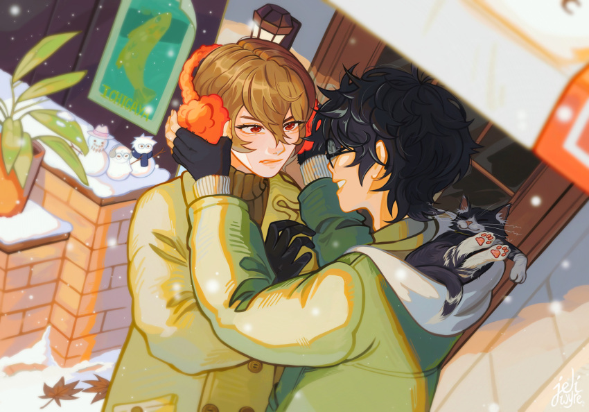 2boys akechi_gorou amamiya_ren black_cat black_gloves black_hair blurry brown_hair brown_sweater cat coat depth_of_field earmuffs eyelashes fingerless_gloves glasses gloves grey_coat grimace grin hair_between_eyes highres hood hood_down jeliwyre lamppost leaf long_sleeves maple_leaf messy_hair morgana_(league_of_legends) multiple_boys pawpads persona persona_5 plant poster_(object) potted_plant short_hair smile snowing snowman sweater whiskers winter_clothes yaoi