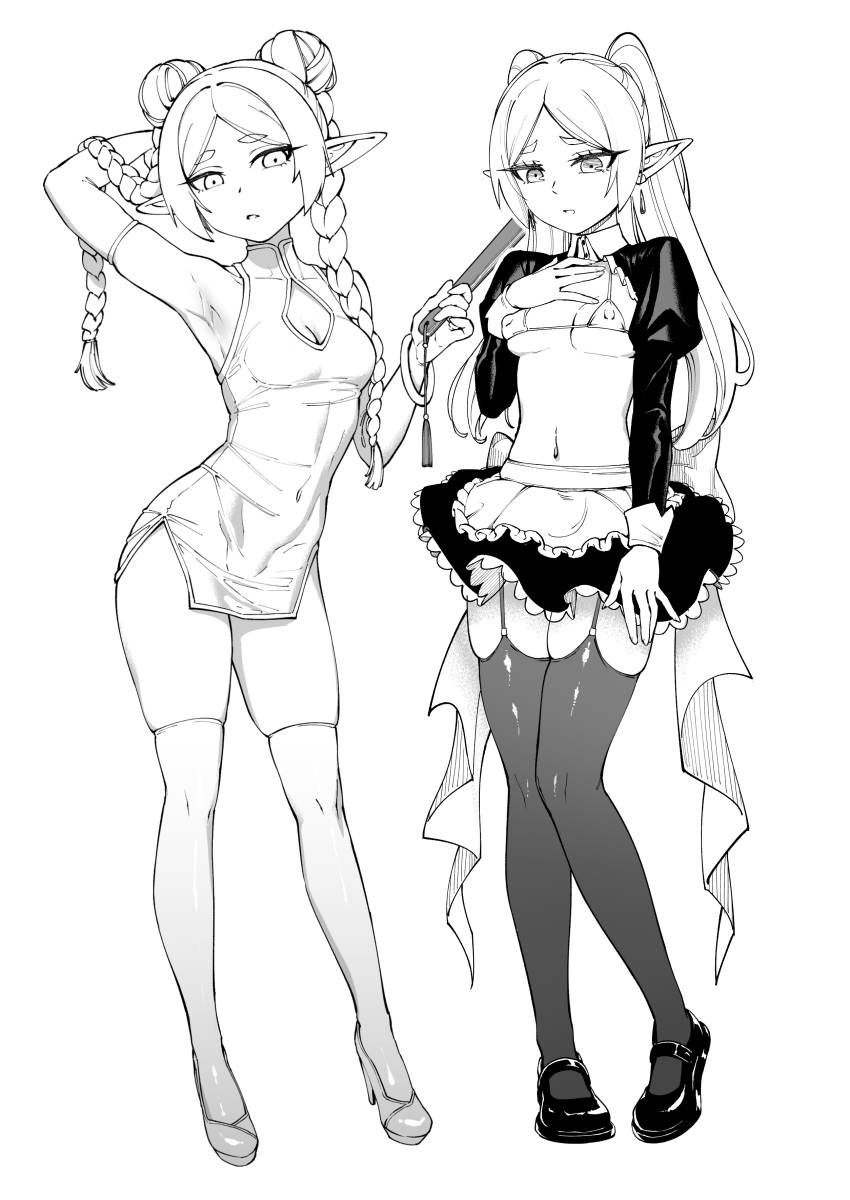 1girl absurdres apron armpits bikini braid breasts china_dress chinese_clothes double_bun dress earrings elf english_commentary frieren full_body garter_straps greyscale hair_bun high_heels highres jewelry long_sleeves maid maid_apron maid_bikini miniskirt monochrome navel nipples orgoglioso_banane pointy_ears shrug_(clothing) simple_background skindentation skirt small_breasts sousou_no_frieren standing swimsuit thighhighs twin_braids twintails unconventional_maid white_background