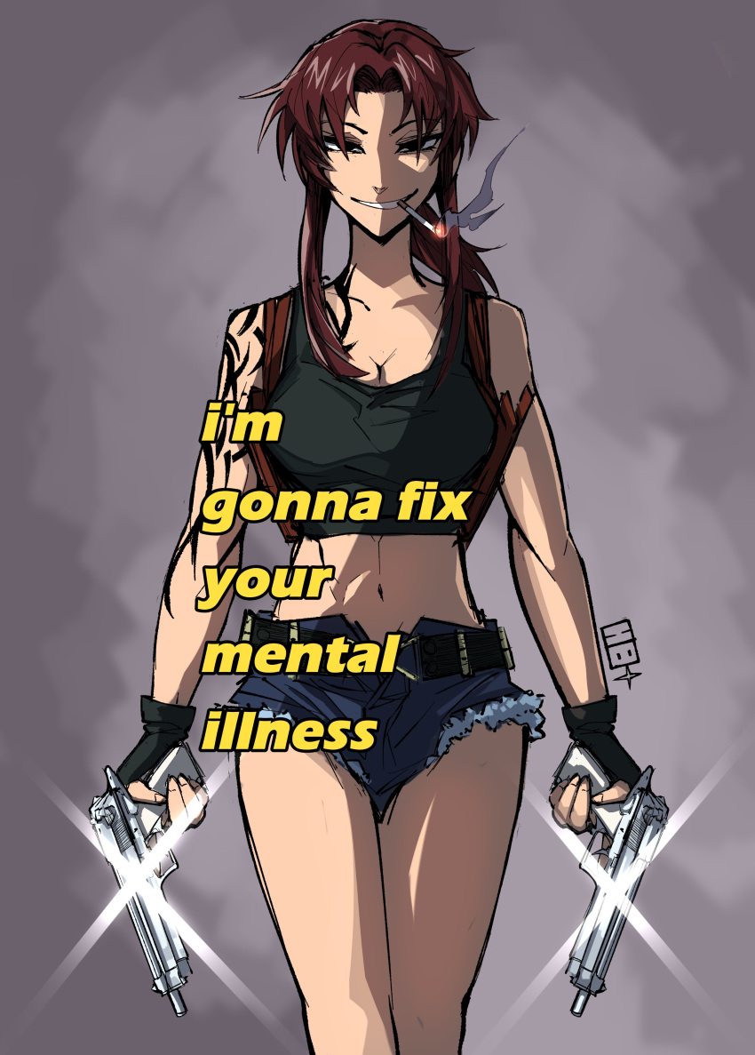 1girl absurdres beretta_92 black_lagoon black_tank_top cigarette crop_top denim denim_shorts dual_wielding gun handgun heartbreak_juan highres holding holding_gun holding_weapon long_hair midriff purple_hair revy_(black_lagoon) short_shorts shorts smile smoking solo tank_top weapon