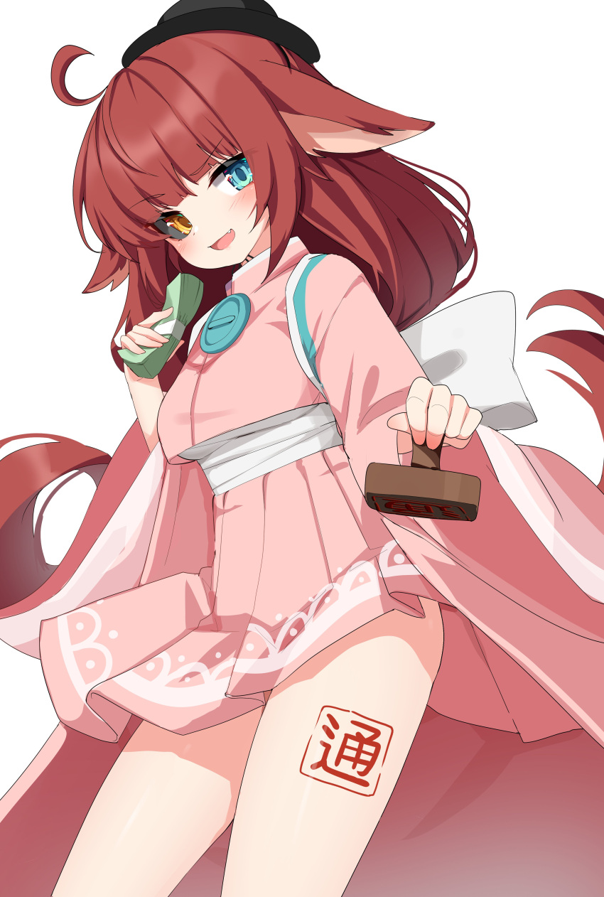 1girl absurdres animal_ears banknote blue_eyes heterochromia highres holding holding_money juicedongsaeng karing_(maplestory) maplestory money pink_skirt red_hair simple_background skirt solo thighs white_background yellow_eyes