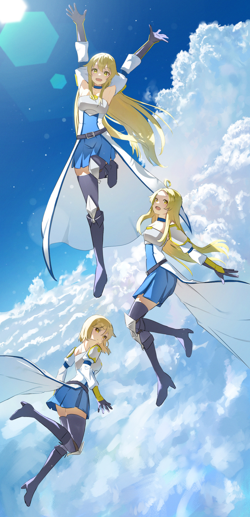 3girls above_clouds absurdres ahoge arms_up belt blonde_hair blue_choker blue_dress blue_sky boots breasts cape chest_armor choker closed_mouth cloud detached_sleeves dress e_ga_ku flying full_body gloves gran_maria high_heel_boots high_heels highres isekai_nonbiri_nouka knee_boots kudel_(isekai_nonbiri_nouka) kurone_(isekai_noubiri_nouka) lens_flare long_hair looking_at_viewer medium_breasts multiple_girls open_mouth pantyhose purple_gloves purple_pantyhose short_hair shoulder_pads sky smile uniform very_long_hair white_cape yellow_eyes