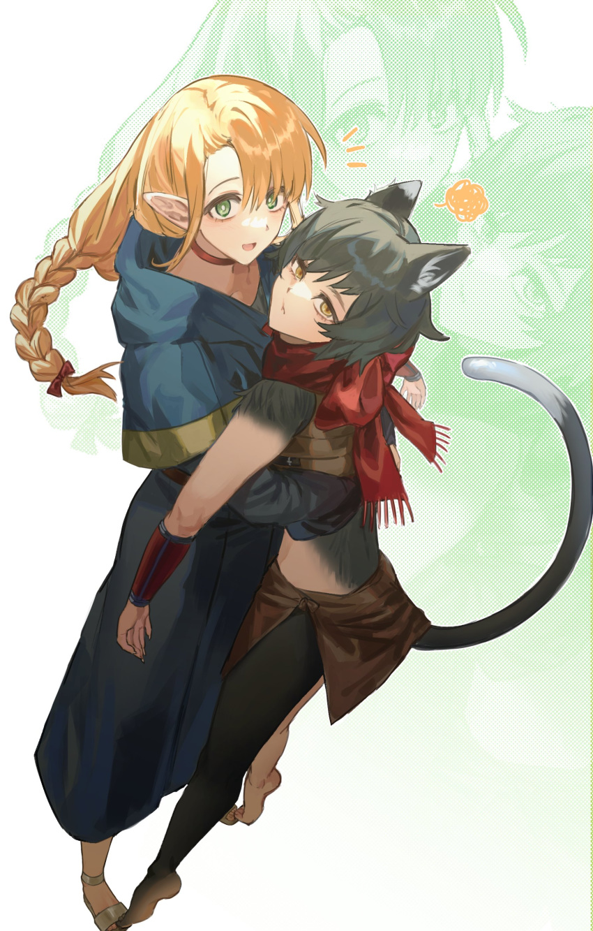 2girls :&lt; :d absurdres animal_ears arm_guards armor bare_legs barefoot belt black_fur black_hair blonde_hair blue_capelet blue_robe body_fur bow braid brown_skirt capelet cat_ears cat_girl cat_tail choker closed_mouth crop_top dungeon_meshi dutch_angle elf floating_hair from_above from_side frown full_body green_eyes hair_bow height_difference highres hood hood_down hooded_capelet hug izutsumi korean_commentary leather_armor long_hair long_sleeves looking_at_viewer looking_to_the_side lyong288 marcille_donato midriff multiple_girls open_mouth pointy_ears red_bow red_scarf robe sandals scarf short_hair skirt sleeveless smile squiggle stepped_on tail tail_raised tiptoes white_background yellow_eyes zoom_layer