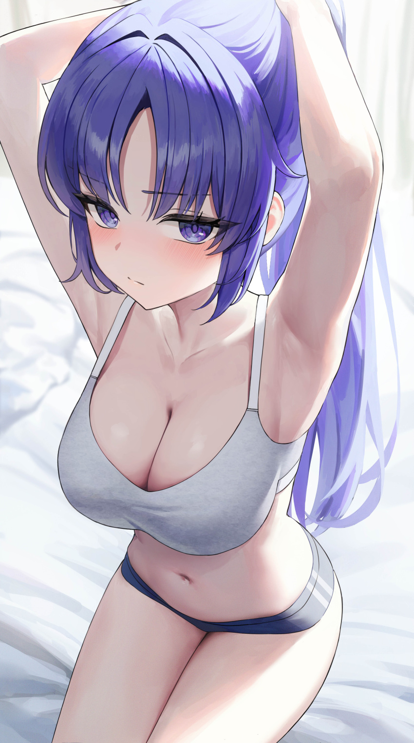 1girl absurdres armpits blue_archive blue_panties blush bra breasts cleavage closed_mouth collarbone cowboy_shot damcheong grey_bra highres large_breasts long_hair looking_at_viewer navel panties ponytail purple_eyes purple_hair sitting solo underwear yuuka_(blue_archive)