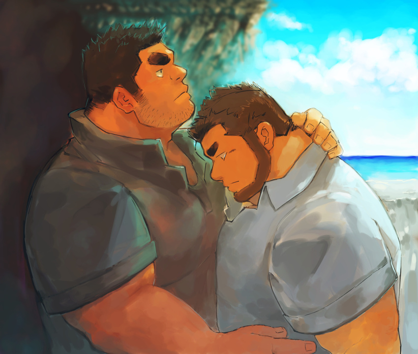 2boys against_wall bara beard beard_stubble blue_sky brown_hair couple facial_hair from_side full_beard hand_on_another's_neck highres huge_eyebrows koto_(32456033) large_pectorals looking_at_pectorals looking_down looking_up male_focus mature_male medium_sideburns multiple_boys muscular muscular_male original pectorals plump profile pulling short_hair sky stubble