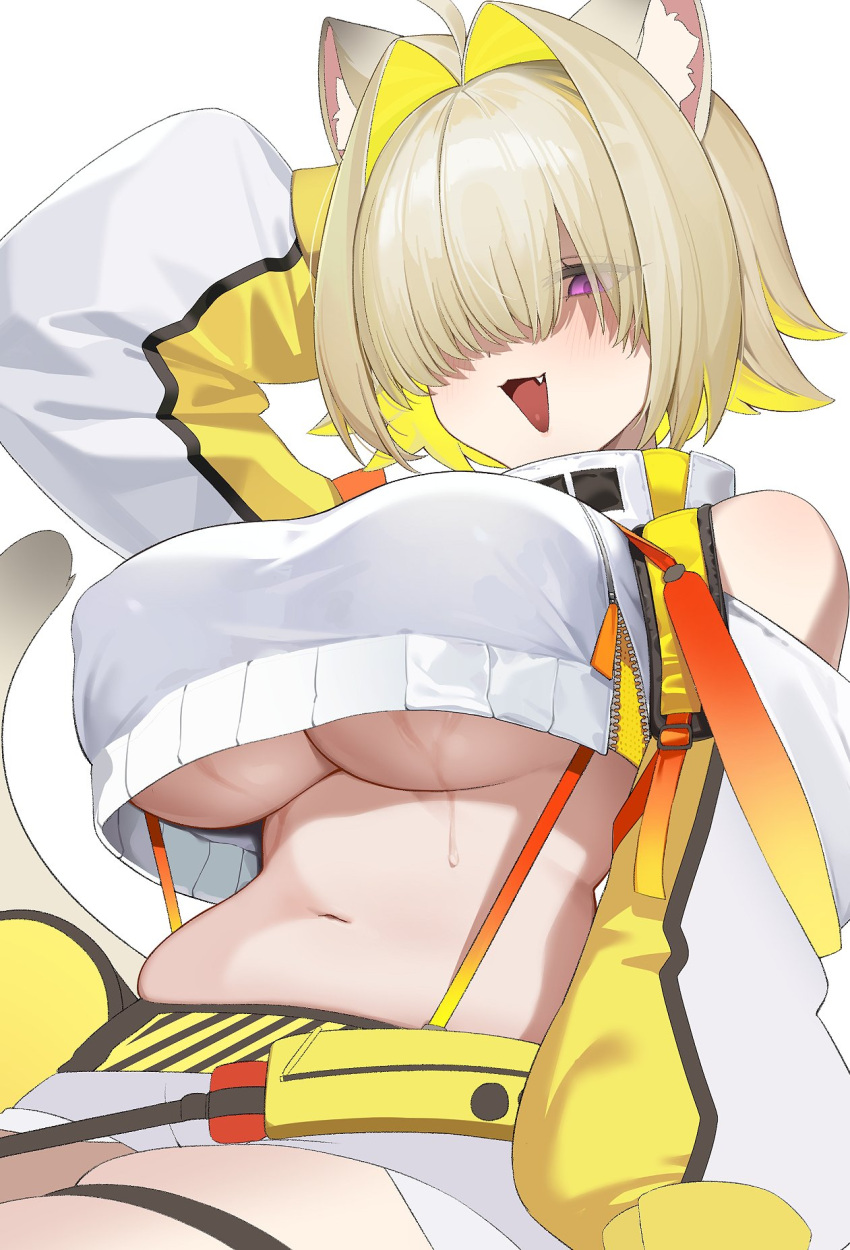 1girl ahoge animal_ears blonde_hair blush breasts cat_ears cat_girl clothing_cutout commentary_request covered_nipples cowboy_shot cropped_jacket elegg_(nikke) eyes_visible_through_hair fang goddess_of_victory:_nikke hair_between_eyes hair_intakes hair_over_eyes hand_hair highres jacket kithera large_breasts long_bangs looking_at_viewer midriff multicolored_hair navel open_mouth purple_eyes short_hair shorts shoulder_cutout simple_background smile solo suspenders two-tone_hair white_background white_jacket white_shorts