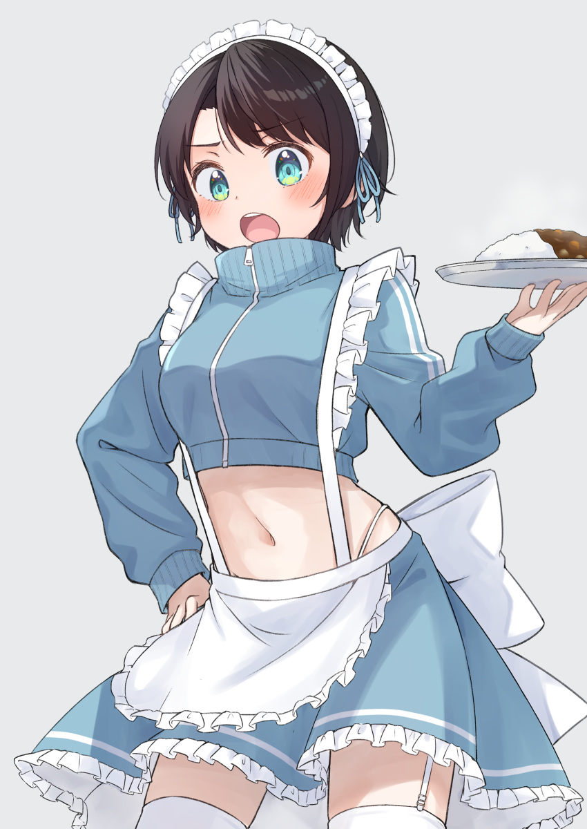 1girl absurdres apron black_hair blue_eyes blue_jacket blue_ribbon blue_skirt blush breasts crop_top curry curry_rice food furuneo10 grey_background hair_ribbon hand_on_own_hip highres holding holding_plate hololive jacket jersey_maid long_sleeves looking_at_viewer maid maid_apron maid_headdress navel oozora_subaru open_mouth plate ribbon rice short_hair simple_background skirt solo steam swept_bangs teeth tongue track_jacket unconventional_maid upper_teeth_only virtual_youtuber zipper