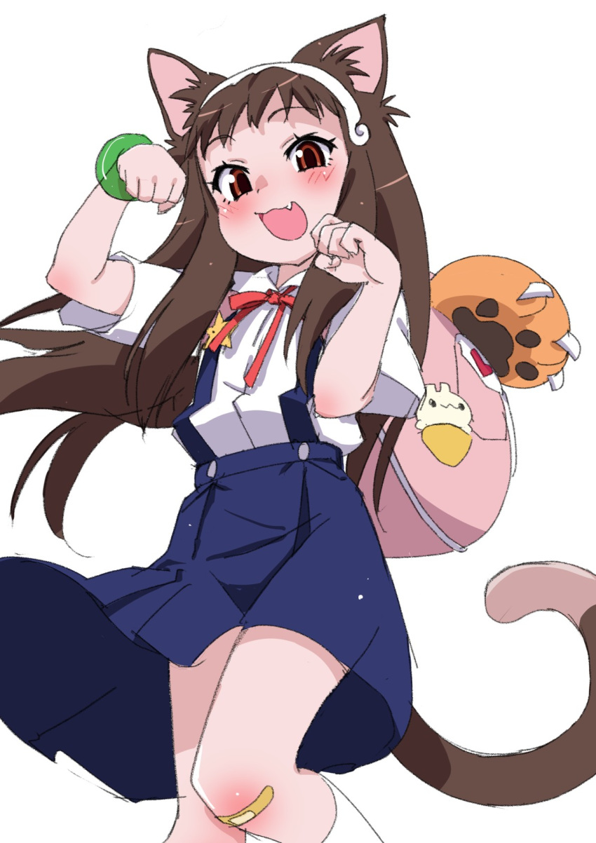 1girl :3 animal_ears backpack bag bandaid bandaid_on_knee bandaid_on_leg blue_skirt blush bow bowtie brown_hair cat_day cat_ears cat_tail fang green_bracelet hachikuji_mayoi hairband highres itoma_mahimahi kneehighs long_hair monogatari_(series) paw_pose red_bow red_eyes shirt short_bangs skirt smile socks solo suspender_skirt suspenders tail white_shirt